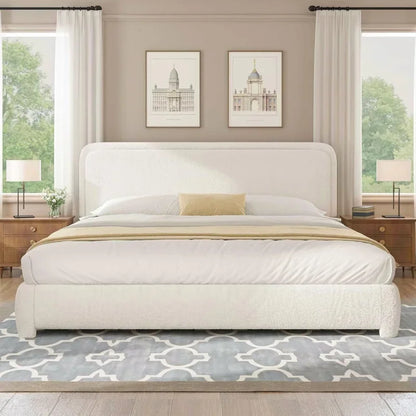 King and Headboard,Boucle Upholstered Platform Bed Frame,Modern Style,Soft Rounded Corners,No Box Spring Required,Easy