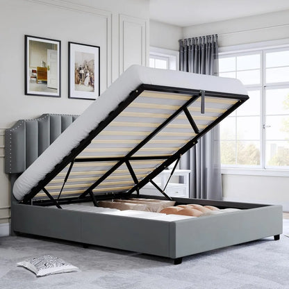 Queen size elevated storage bed frame with adjustable upholstered platform headboard, sturdy wood slats and metal base support