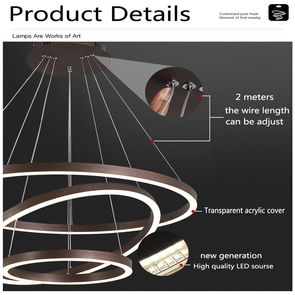 Modern LED pendant lights suitable for bedrooms, living rooms, and dining rooms. Circular ceiling chandelier, home lighting.