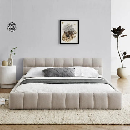 Queen Size Upholstered Grounded Bed with Bedside Desk and Stool,Upholstered Headboard,Grounded Upholstered Wood Base Bed Frame