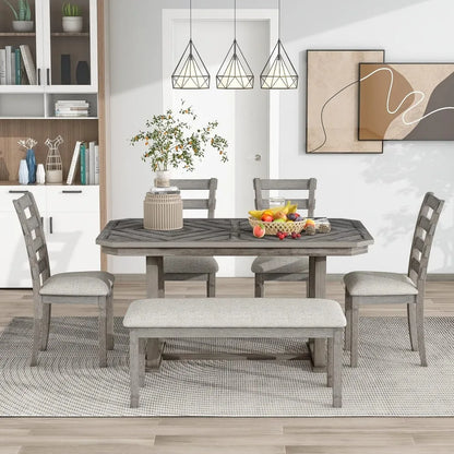 6 Pieces Dining Table Set with Bench, Rectangle Dining Table with 4 Upholstered Chairs & A Bench, Rubber Wood Dining Table Set