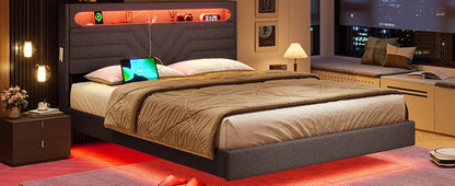 Queen Floating Frame RGB LED Lights ,USB-C/A Power Combo,Linen Upholstered Platform Bed with Storage Headboard