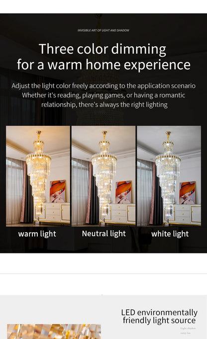 Post-Modern Duplex Villa Hall Crystal Chandelier Simple Light Luxury Jump Floor Floor Rotating Hollow Long Strip Crystal Chandel