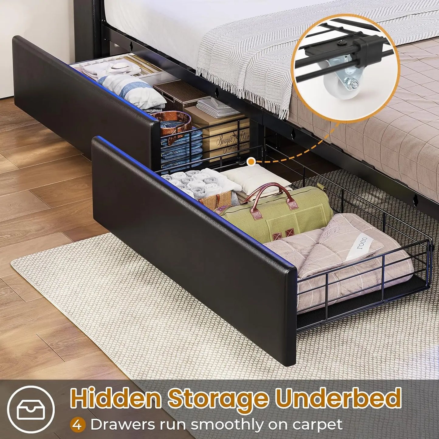 Bed Frame with Storage Headboard & 4 Drawers, Upholstered LED Bed Frame with Charging Station, Pu Leather Platform