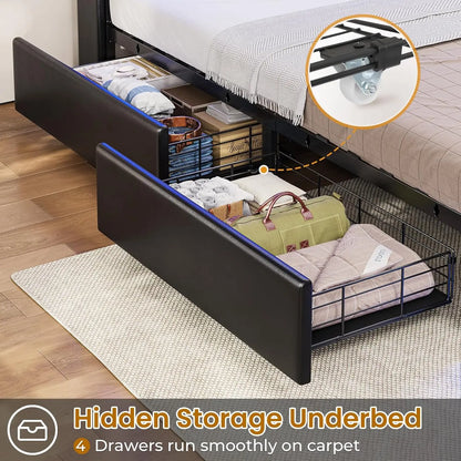 Bed Frame with Storage Headboard & 4 Drawers, Upholstered LED Bed Frame with Charging Station, Pu Leather Platform