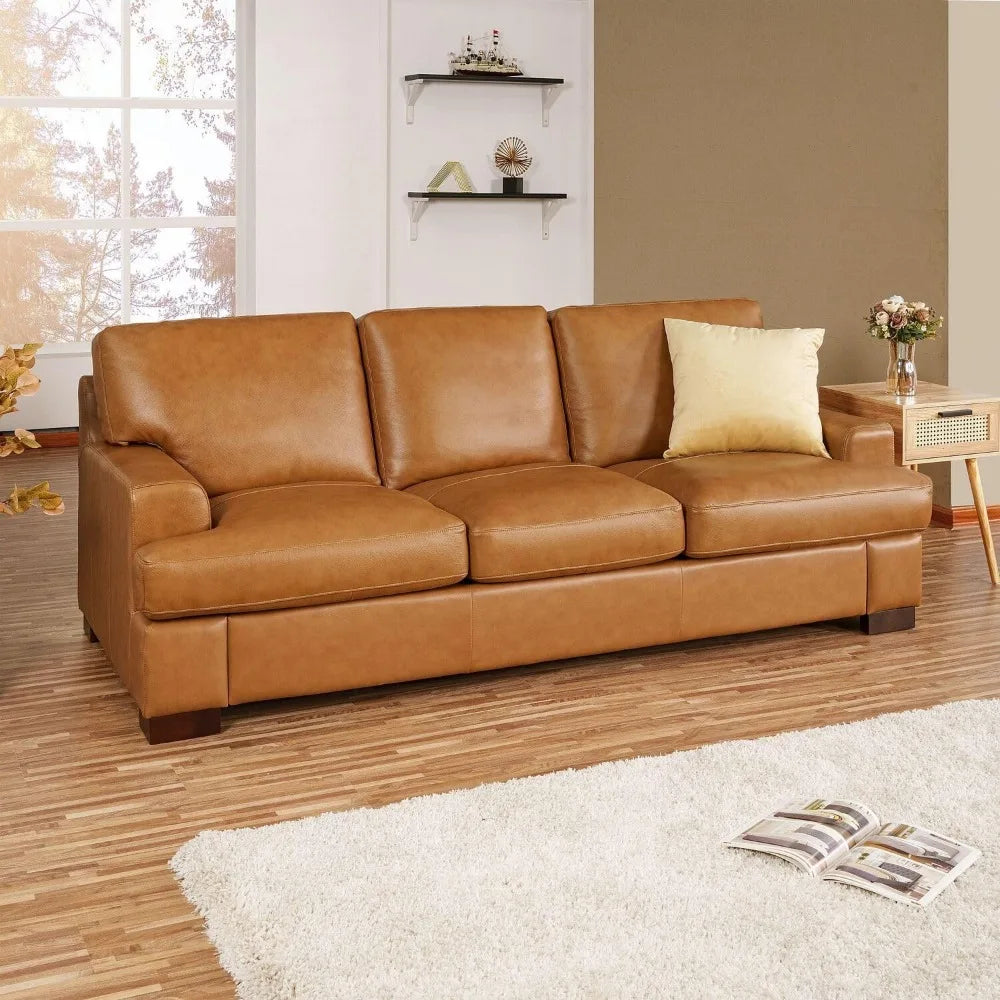 Genuine Leather Sofa - Set of 3 Luxurious Comfort, Goose Feather Cushion Filling, Square Arm Design, Sturdy Block Legs