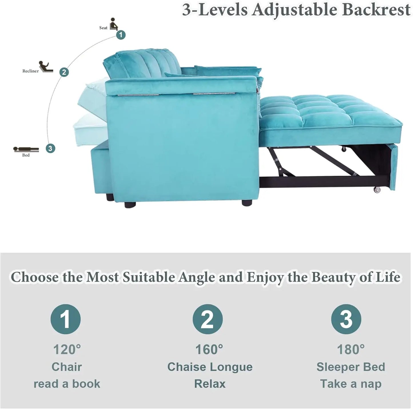 Convertible Sofa Bed 3-in-1 Multi-Functional Velvet Sleeper Couch Pull-Out Bed, 48'' Bed Chaise Lounge with Backrest and Pillows