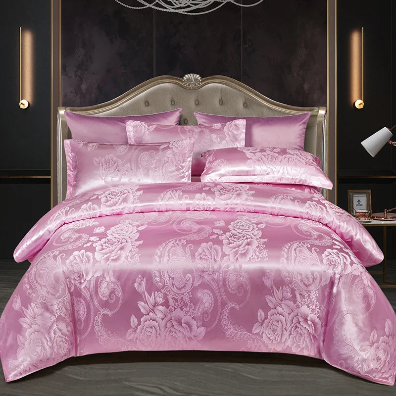 Floral Jacquard Satin Duvet Cover Set Queen 3 Piece Luxury Silk Like Bedding Comforter Covers with Zipper Closure & Corner Ties