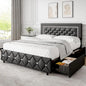 Queen Size Bed Frame with LED Lights, Upholstered Bed Frame with 4 Storage Drawers, with Diamond Headboard and Footboard