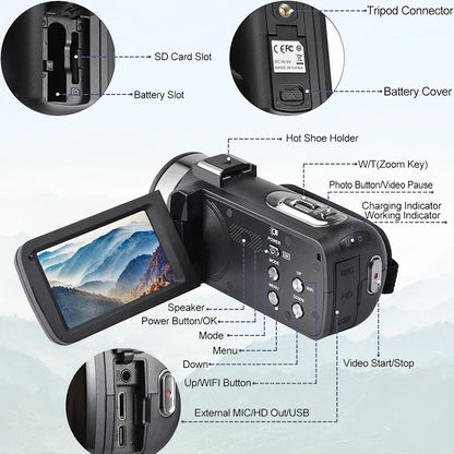 8K Digital Photography Camera 48MP Handheld DV 18X Igital Zoom Camera Recorder 3'' LCD Touch Screen Portable Recording Camcorder