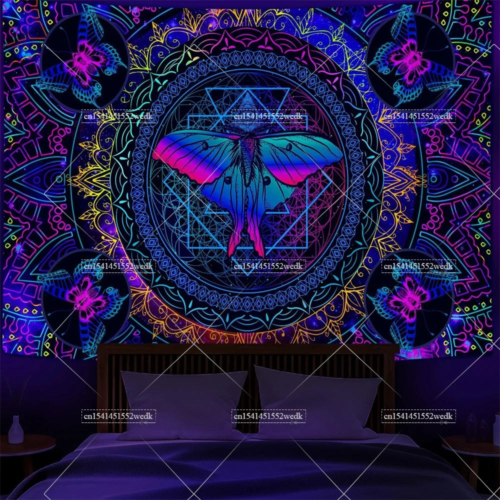 Blacklight Mushroom Tapestry UV Reactive Hippie Skull Tapestries Wall Hanging Eyes Forest Tapestry Glow In The Dark Posters