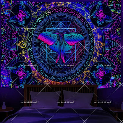Blacklight Mushroom Tapestry UV Reactive Hippie Skull Tapestries Wall Hanging Eyes Forest Tapestry Glow In The Dark Posters