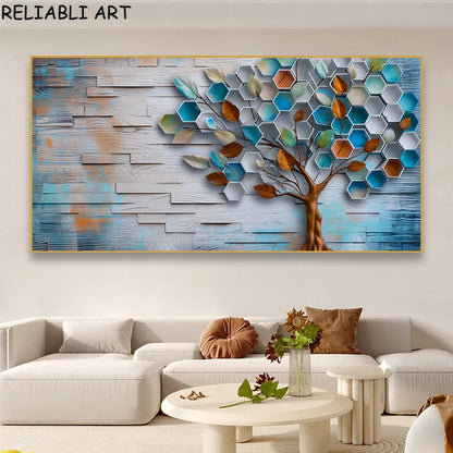 Abstract 3D Bule Flower Tree Poster and Prints Modern Canvas Painting Wall Art Pictures for Living Room Home Decor No Frame