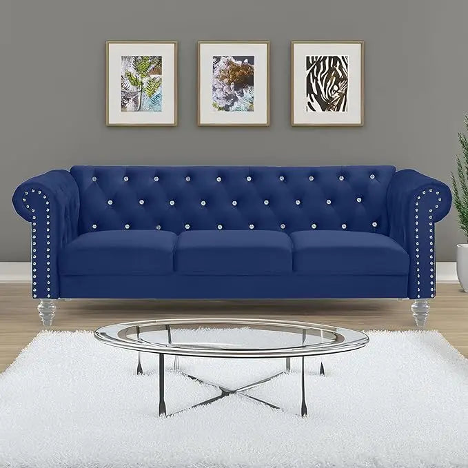 living room sofas Glam Emma Velvet Three Seater Chesterfield Style Sofa for Small Spaces with Crystal Button Tufts sofas