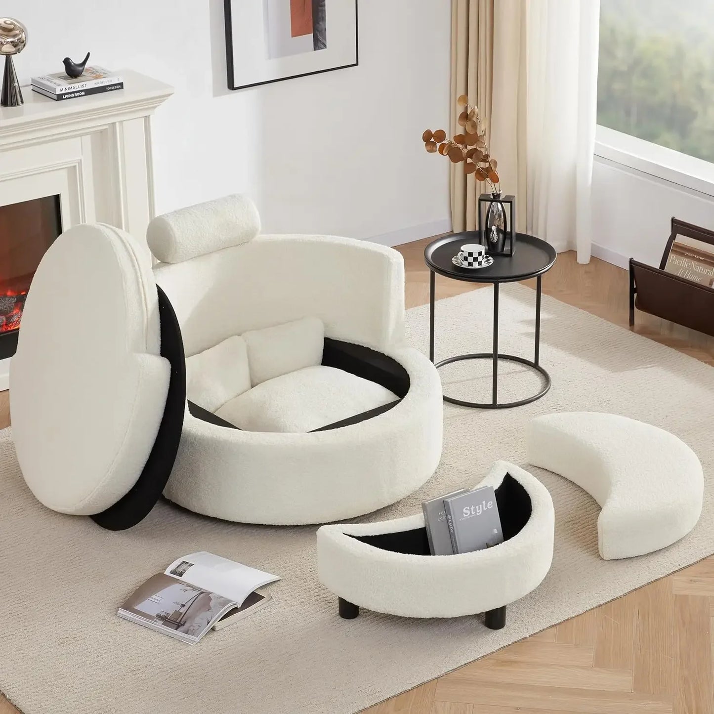Round Oversized Swivel Barrel Chair with Base Storage for Living Room, 360°Modern Swivel Accent Chair with 3 Pillows for Home