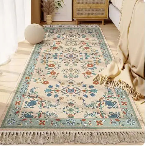 Morocco Bedroom Living Room Bedside Carpet Floor Mat Floral Kilim Cotton Linen Rectangular Rug Persian Tassel Carpet Tapis