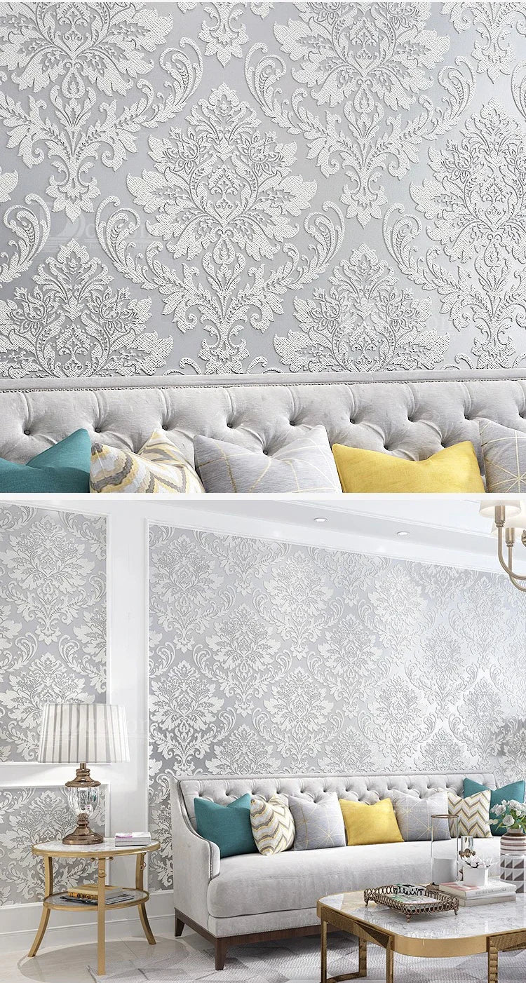 European 3D Relief Embossed Damask Wallpaper Bedroom Living room Background Floral Pattern 3D Textured Wall Paper Home Decor