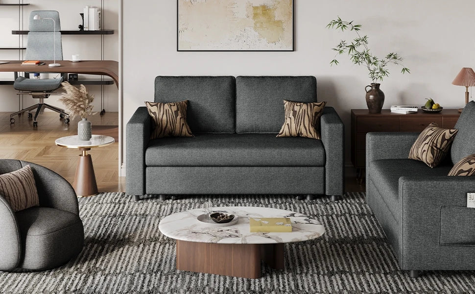 55.5 in Convertible Sofa Bed，Trundle Loveseat W/Pull-Out Trundle Bed Sleeper Sofa，for Living Room Bedroom，Convertible Couch