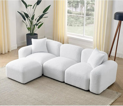 94” Living Room Sofas with Ottoman, 3-Seater, Boucle Fabric L-Shaped Modern Bubble Couch, Convertible Modular Sectional Sofas