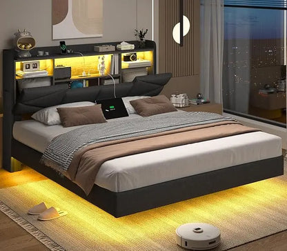 Bed Frame, with Storage Headboard and Power Outlet, Floating Platform Bed with LED Lights, Wood Slats Support, Bedroom Bed