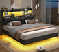 Bed Frame, with Storage Headboard and Power Outlet, Floating Platform Bed with LED Lights, Wood Slats Support, Bedroom Bed