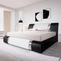 Queen Bed Frame with Iron Piece Decor, Faux Leather Upholstered Platform Bed with Adjustable Headboard & Strong Wooden Slats