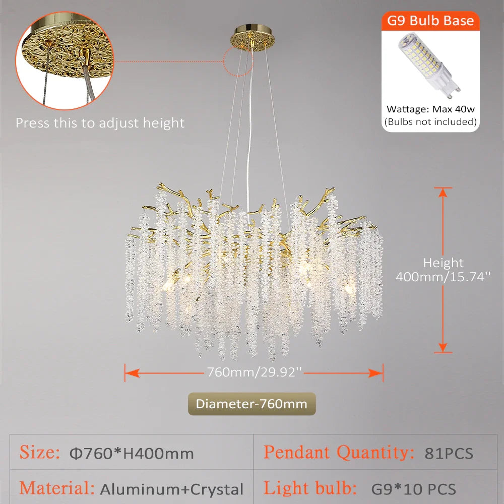 Round Gold Crystal Chandelier For Bedroom Living Room Dining Room Lounge Modern Luxury Gold Ceiling Crystal Branch Chandeliers