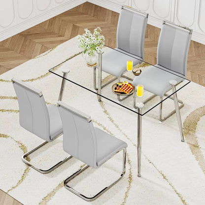Glass Dining Table Set for 4,5 Piece Dining Table and Chairs Set，Modern Kitchen Dining Room Table with 4 Black PU Leather