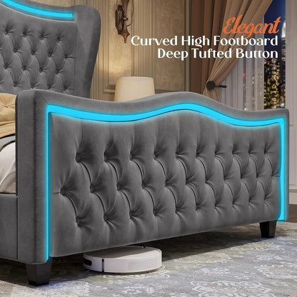 King Size Bed Frame with LED Lights, 53'' Upholstered Platform Wingback Bed with Handmade Deep Button Tufted Headboard Footboard