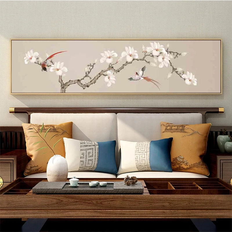 New Chinese Zen Flower and Bird Bedhead Painting Living Room Decoration Painting Sofa Background Wall Mural Painting Home Decor