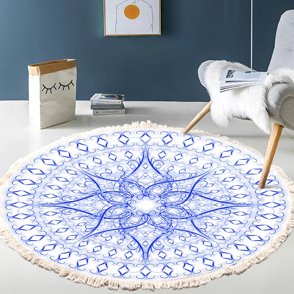Hand Woven Cotton Linen Carpet Retro Bohemian Round Bedside Geometric Floor Mat Living Room Home Decor Boho Mandala Tassel Rug