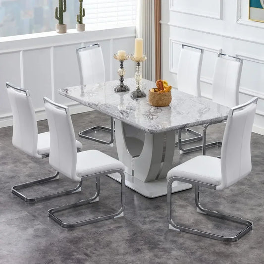 63" 7-Piece Dining Table Set, Faux Marble Table with 6 White PU Leather Dining Chairs, Dining Table and Chairs Set