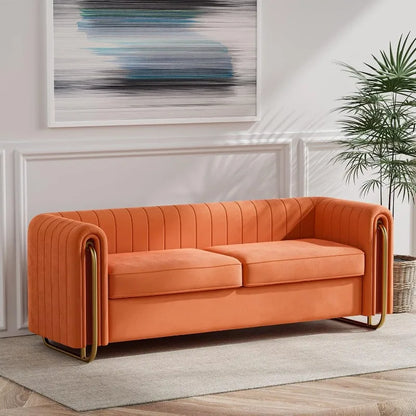 Modern Velvet Sofa for Living Room, 84 Inches Long Tufted Couch Upholstered Sofa with 2 Pillows High Arm and Metal Legs Decor