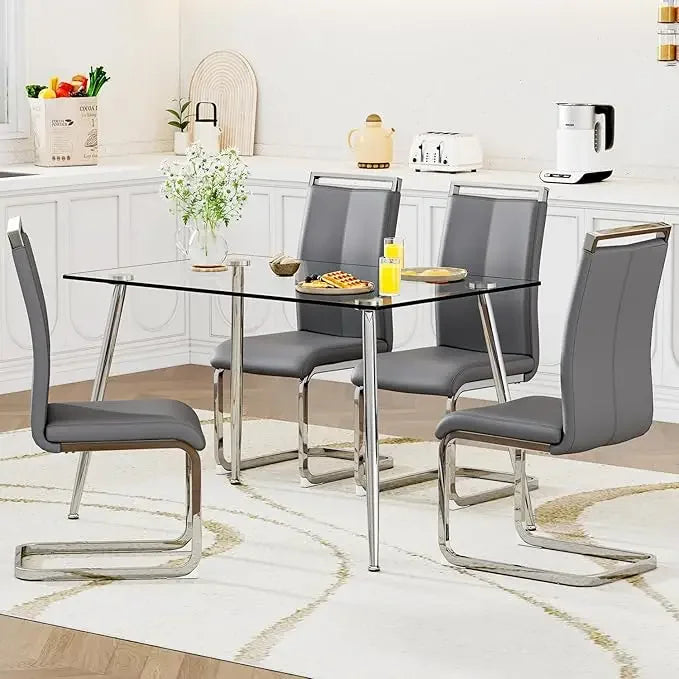 Glass Dining Table Set for 4,5 Piece Dining Table and Chairs Set，Modern Kitchen Dining Room Table with 4 Black PU Leather