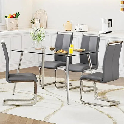 Glass Dining Table Set for 4,5 Piece Dining Table and Chairs Set，Modern Kitchen Dining Room Table with 4 Black PU Leather