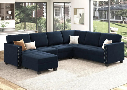 Velvet Modular Sectional Sofa, L Shaped Sofa Couch with Storage Top Tray Ottoman U Shape Sectional Couch for Living Room