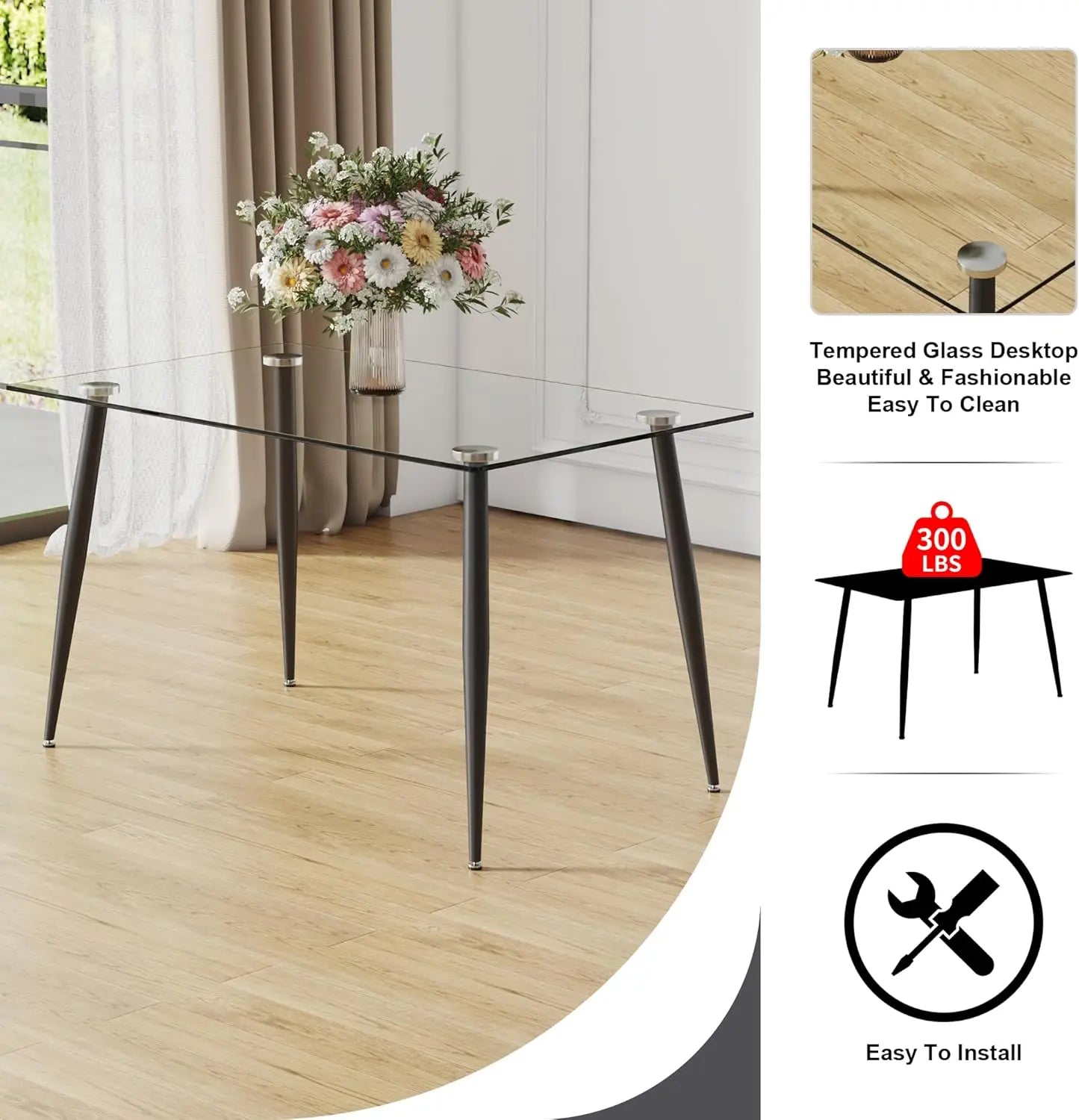 Glass Dining Table Set for 4,5 Piece Dining Table and Chairs Set，Modern Kitchen Dining Room Table with 4 Black PU Leather