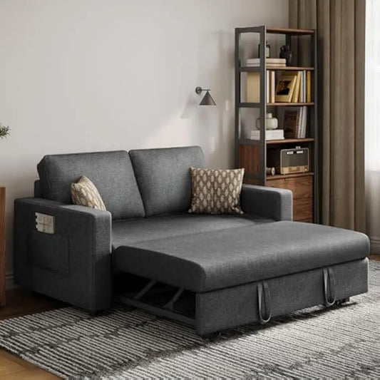55.5 in Convertible Sofa Bed，Trundle Loveseat W/Pull-Out Trundle Bed Sleeper Sofa，for Living Room Bedroom，Convertible Couch