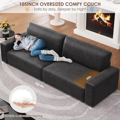 Hifit 105"" Large Sofa Couches For Living Room, Fluffy Faux Leather Couch With 35"" Extra Deep Love Seat & Comfy Cushion, 2