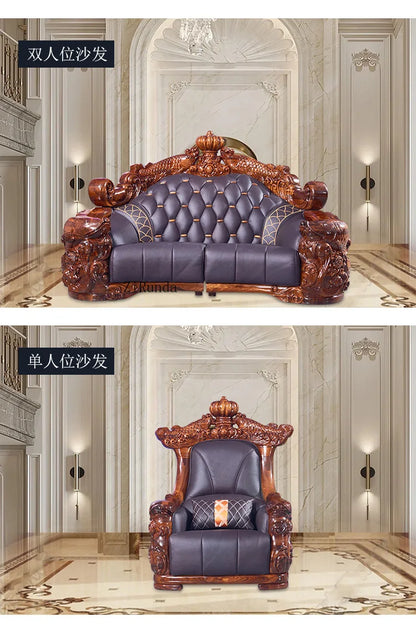 Ebony sofa leather combination, living room villa luxury solid wood furniture