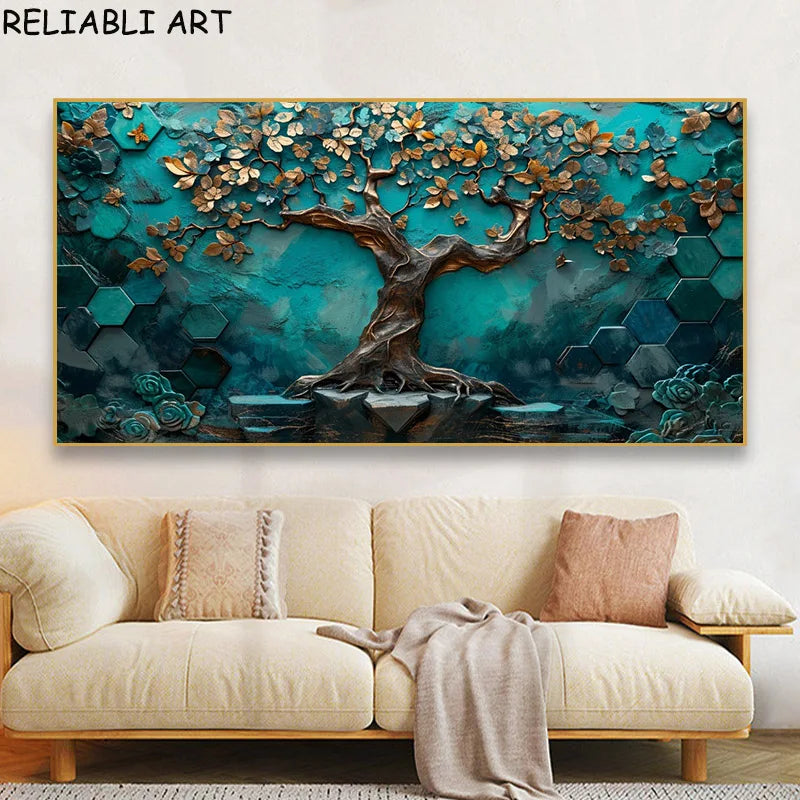 Abstract 3D Bule Flower Tree Poster and Prints Modern Canvas Painting Wall Art Pictures for Living Room Home Decor No Frame
