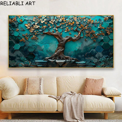 Abstract 3D Bule Flower Tree Poster and Prints Modern Canvas Painting Wall Art Pictures for Living Room Home Decor No Frame