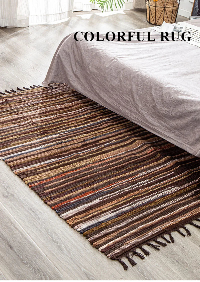 Cotton Tassel Carpet Rug Handmade Bedroom Rug Bedside Floor Mat Entrance Doormat Stripe Kitchen Mat Machine Washable Bath Rug
