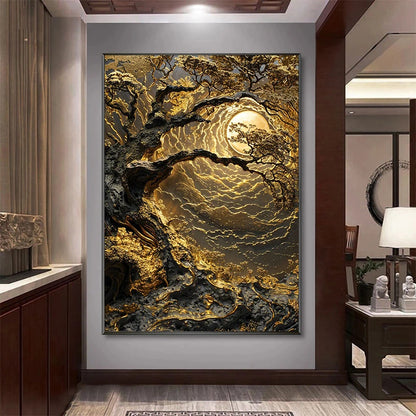 Golden Horizon Coastline Radiant Scenery Poster Moonlight Forest Bonsai Tree Waterfall Canvas Painting Wall Art Room Home Decor