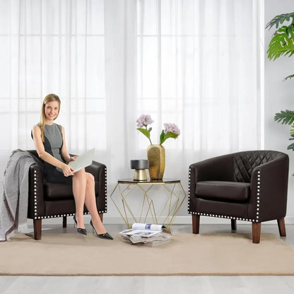 Comfy Accent Chair, Faux Leather Living Room Chairs Club Chair with Cushion, Nailhead Trim and Diamond Mesh Backrest