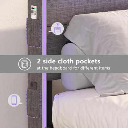 King Bed Frame with Headboard and LED Lights, Upholstered Platform Bed with USB Charging Station, Metal Support and Footboard.