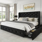 King Size Bed Frame with 4 Storage Drawers and Tufted Headboard Linen Upholstered Platform Bed Frame Wingback Beds.