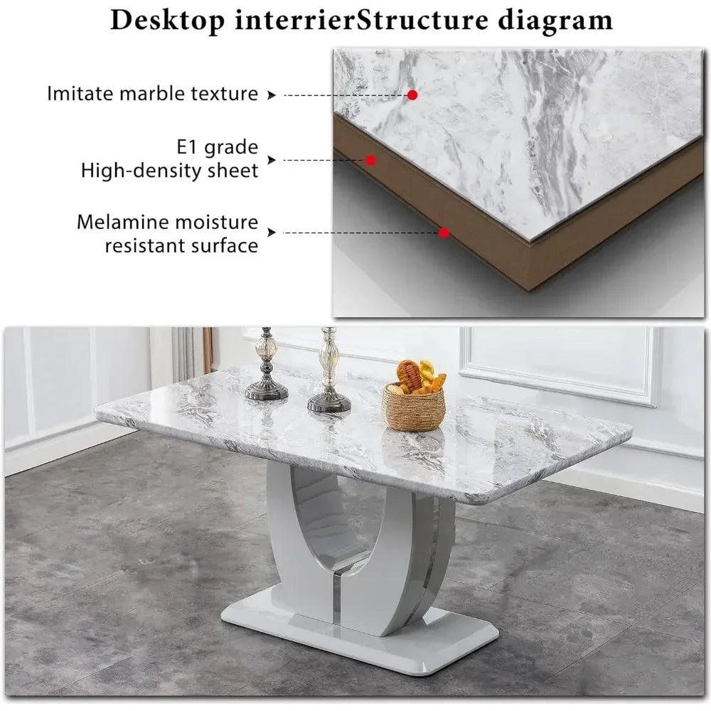 63" 7-Piece Dining Table Set, Faux Marble Table with 6 White PU Leather Dining Chairs, Dining Table and Chairs Set