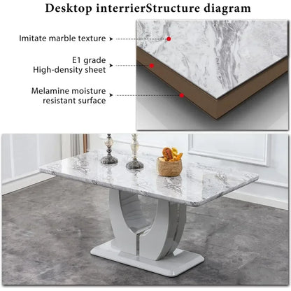 63" 7-Piece Dining Table Set, Faux Marble Table with 6 White PU Leather Dining Chairs, Dining Table and Chairs Set