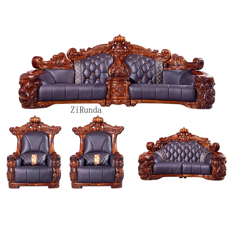 Ebony sofa leather combination, living room villa luxury solid wood furniture